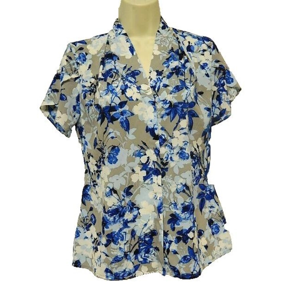 Calvin Klein Womens Blouse Size XS Blue & Gray Floral with Petal Sleeves